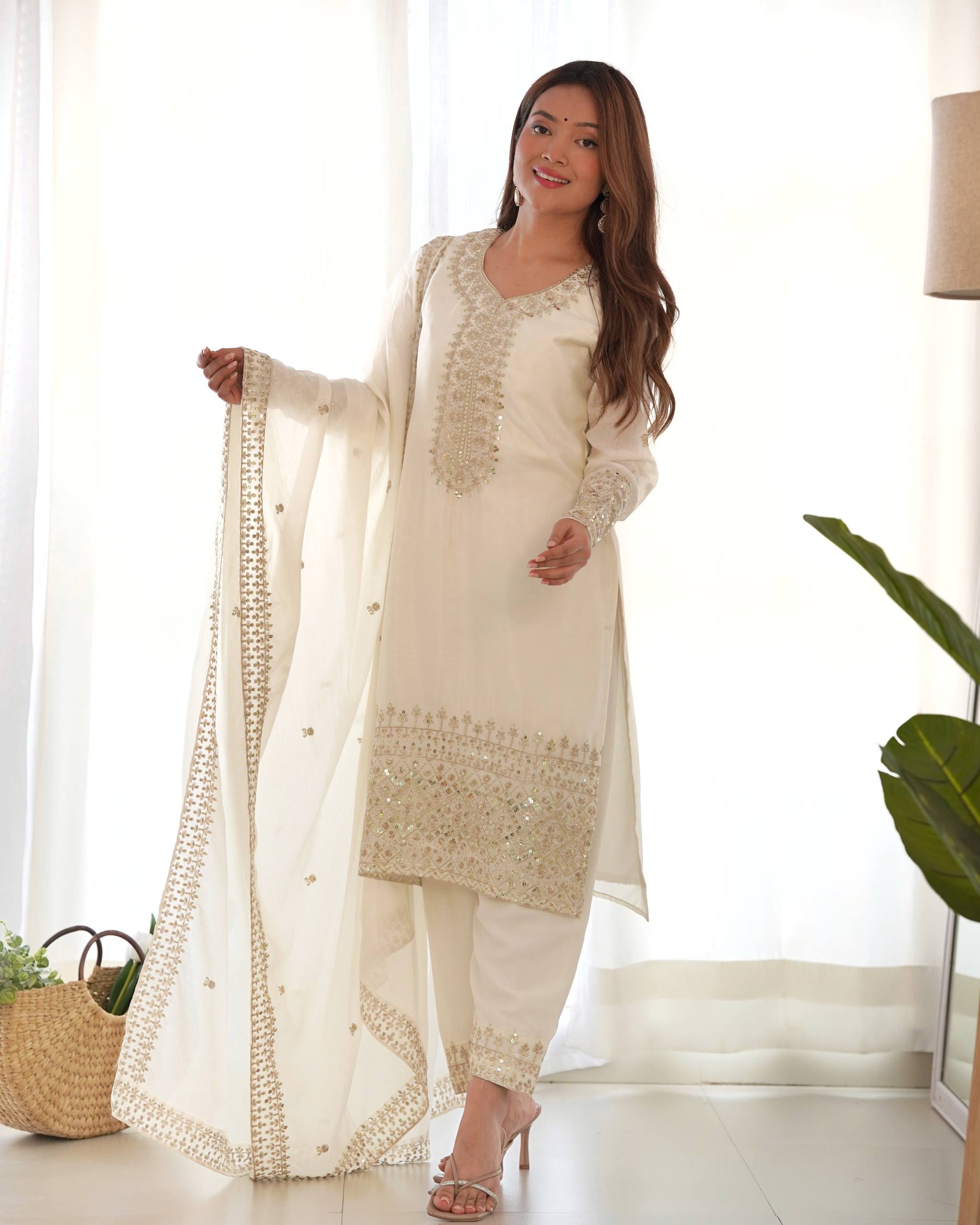 Graceful Chinon Silk Kurta Set with Embroidered Dupatta