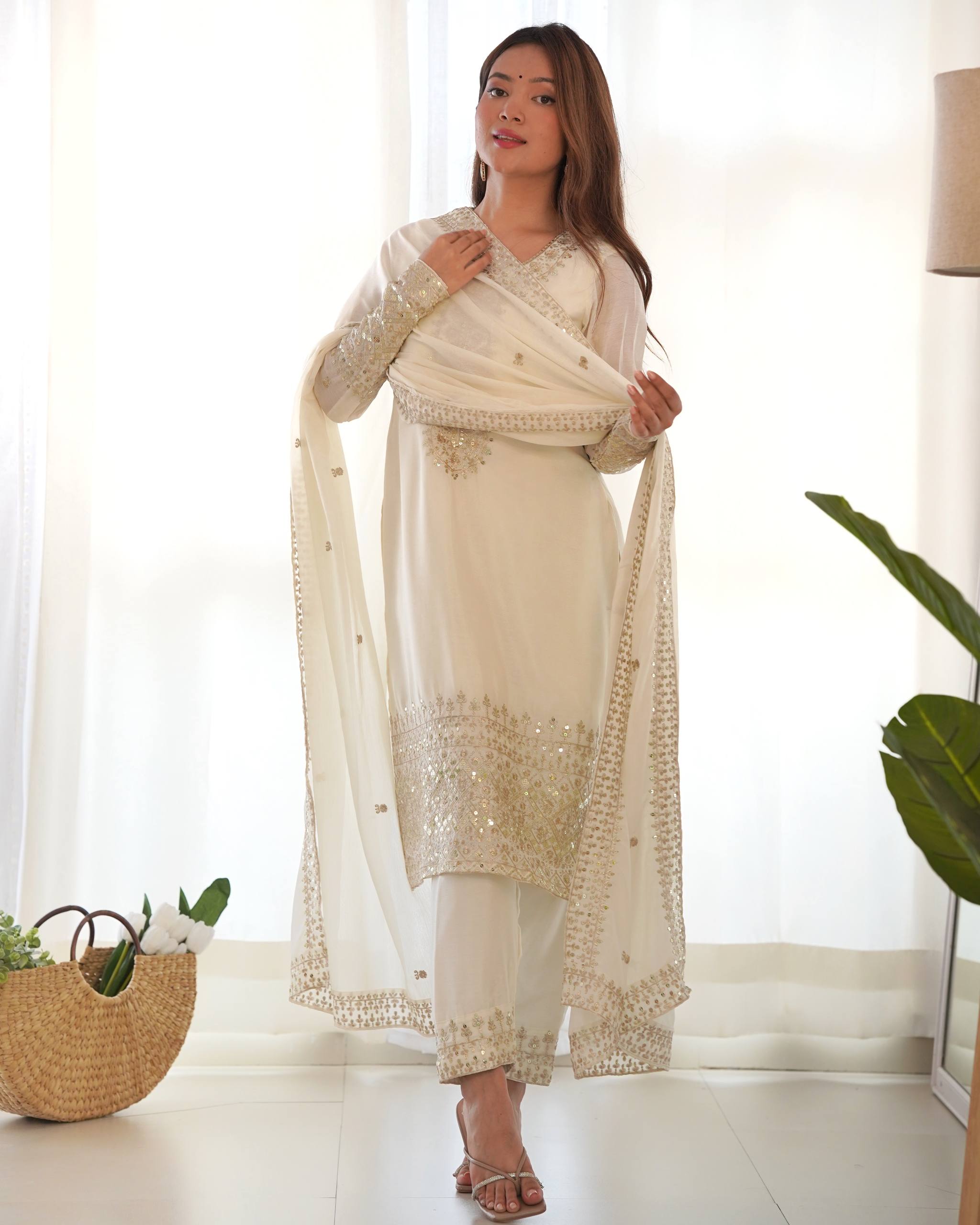 Graceful Chinon Silk Kurta Set with Embroidered Dupatta