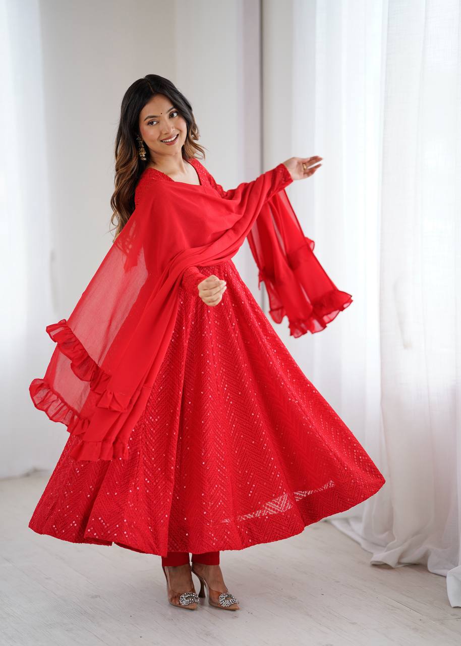 Red Elegant Soft Georgette Lucknowi Sequence Anarkali Suit Set