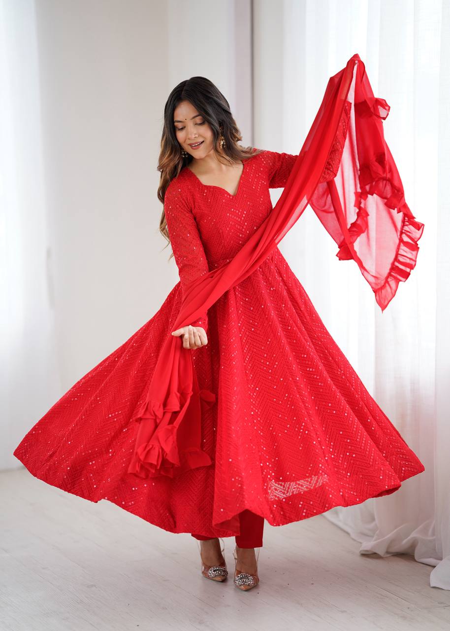 Red Elegant Soft Georgette Lucknowi Sequence Anarkali Suit Set