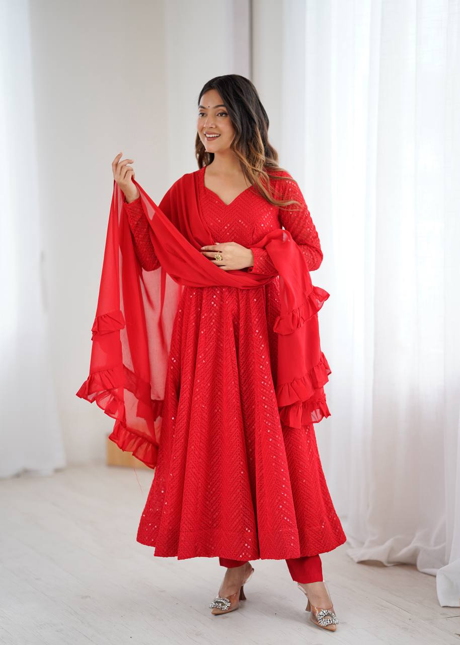 Red Elegant Soft Georgette Lucknowi Sequence Anarkali Suit Set