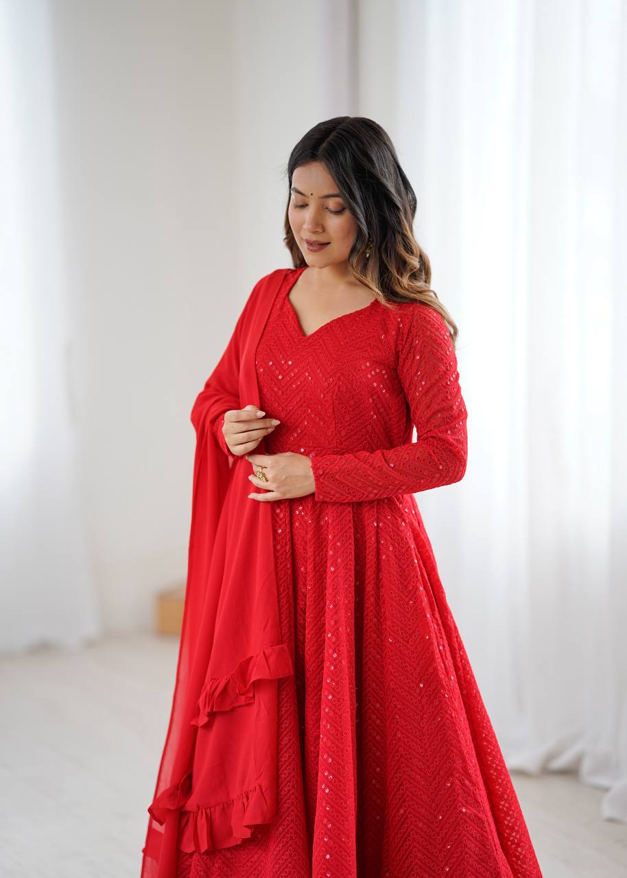 Red Elegant Soft Georgette Lucknowi Sequence Anarkali Suit Set