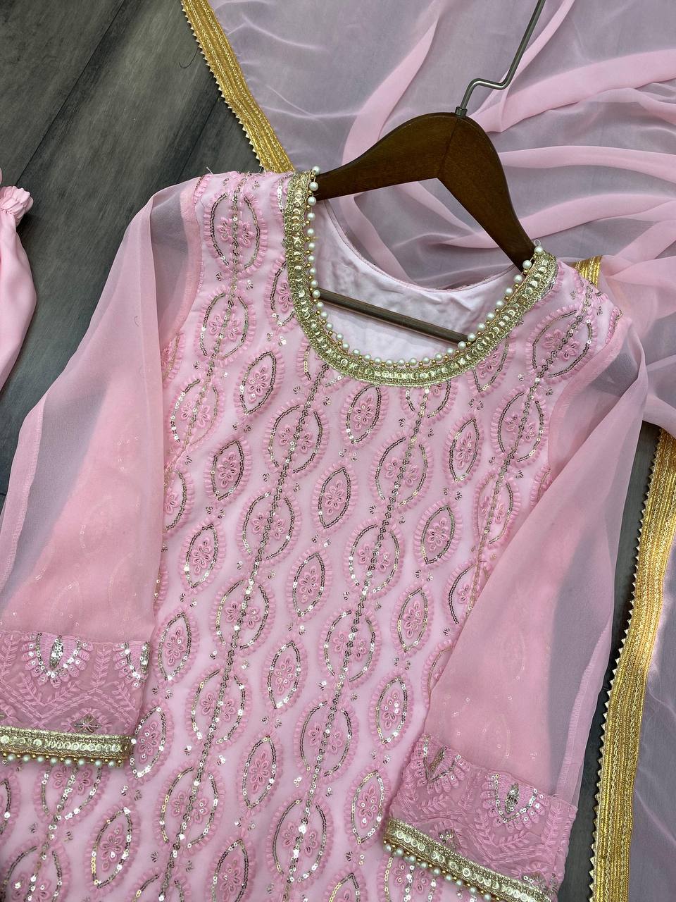 Peach Designer Suit With Heavy Sharara Set