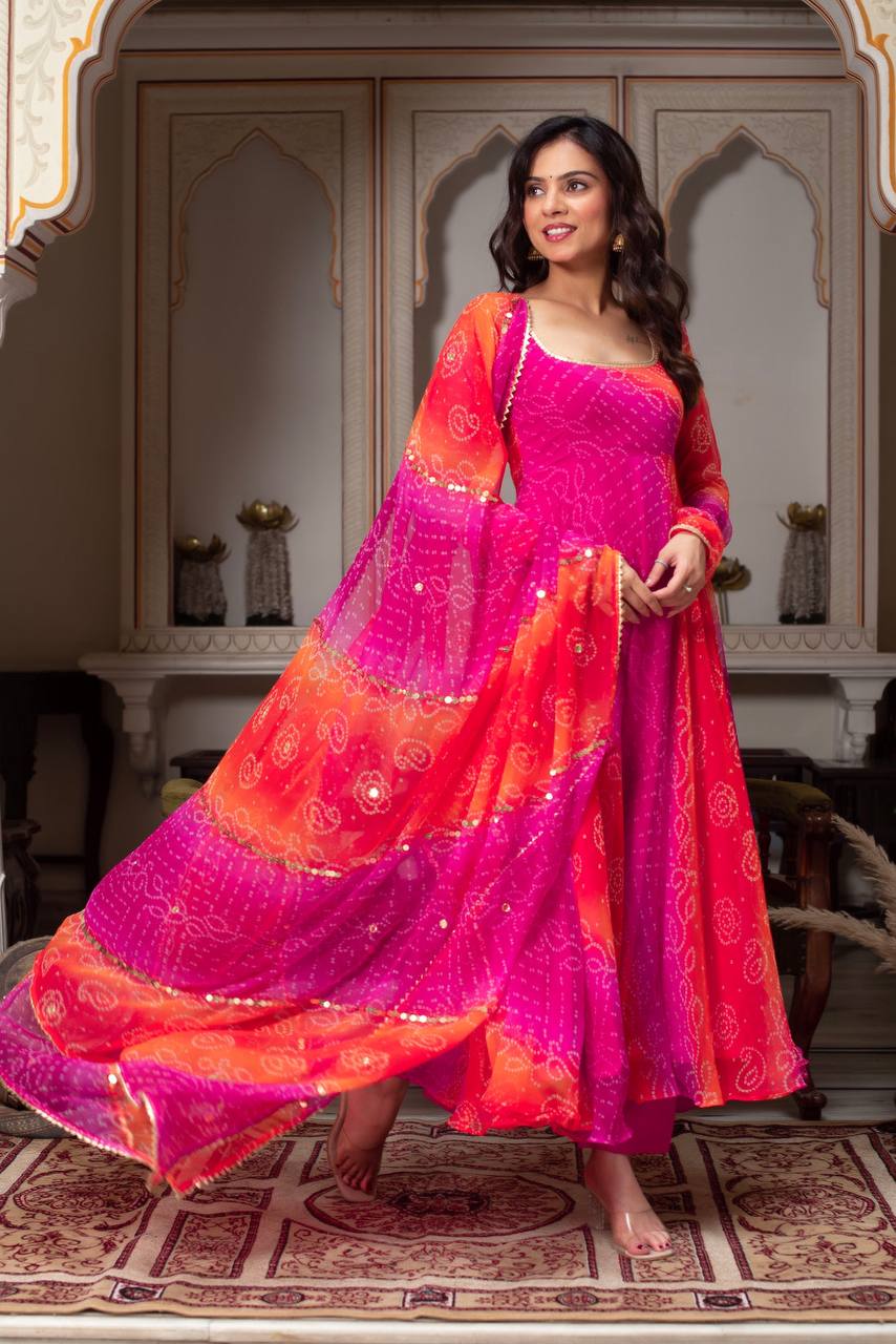 New Premium Faux Georgette Bandhej Anarkali Gown with Dupatta