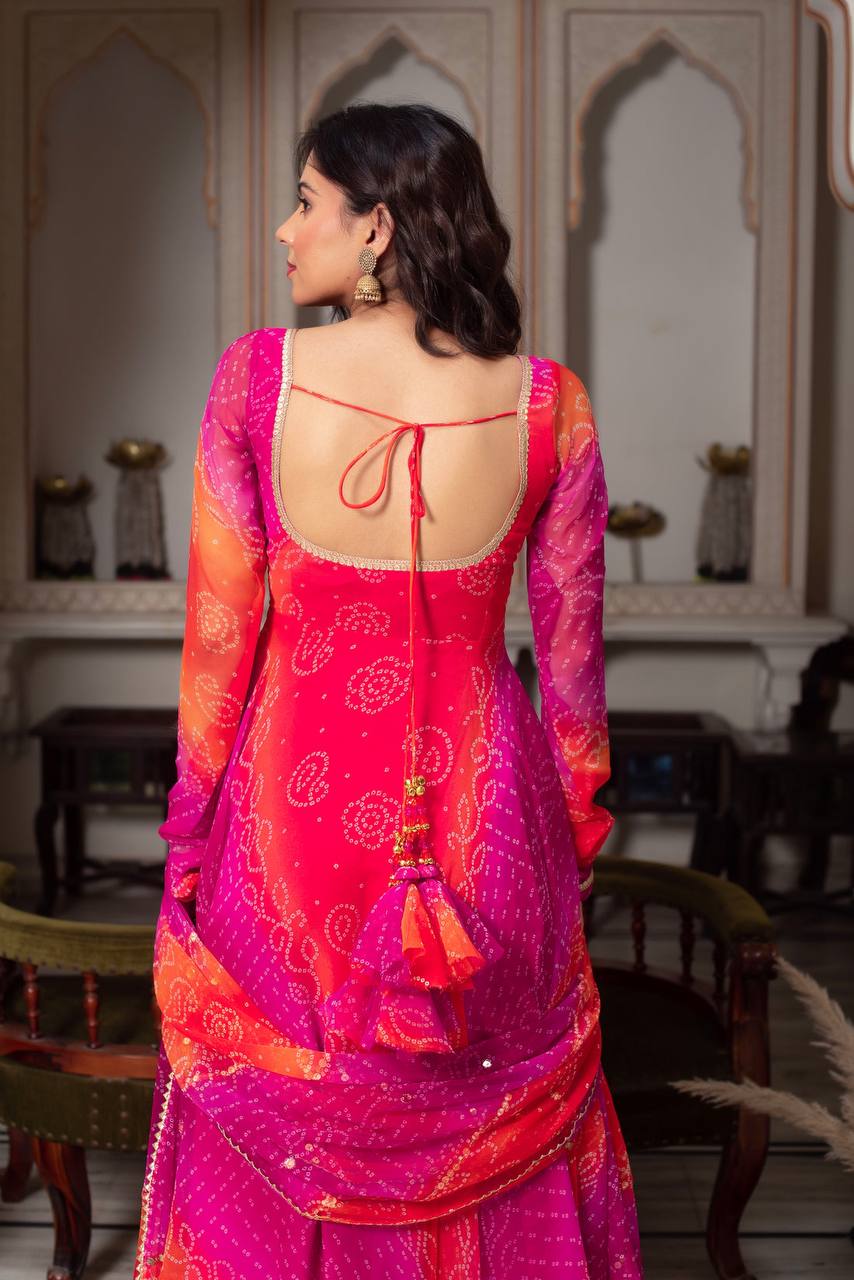 New Premium Faux Georgette Bandhej Anarkali Gown with Dupatta