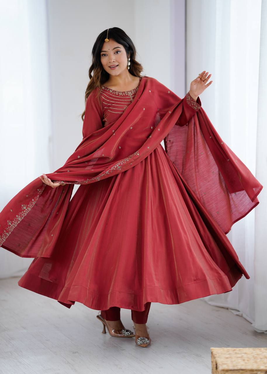 Premium Roman Shimmer Chanderi Silk Anarkali Set