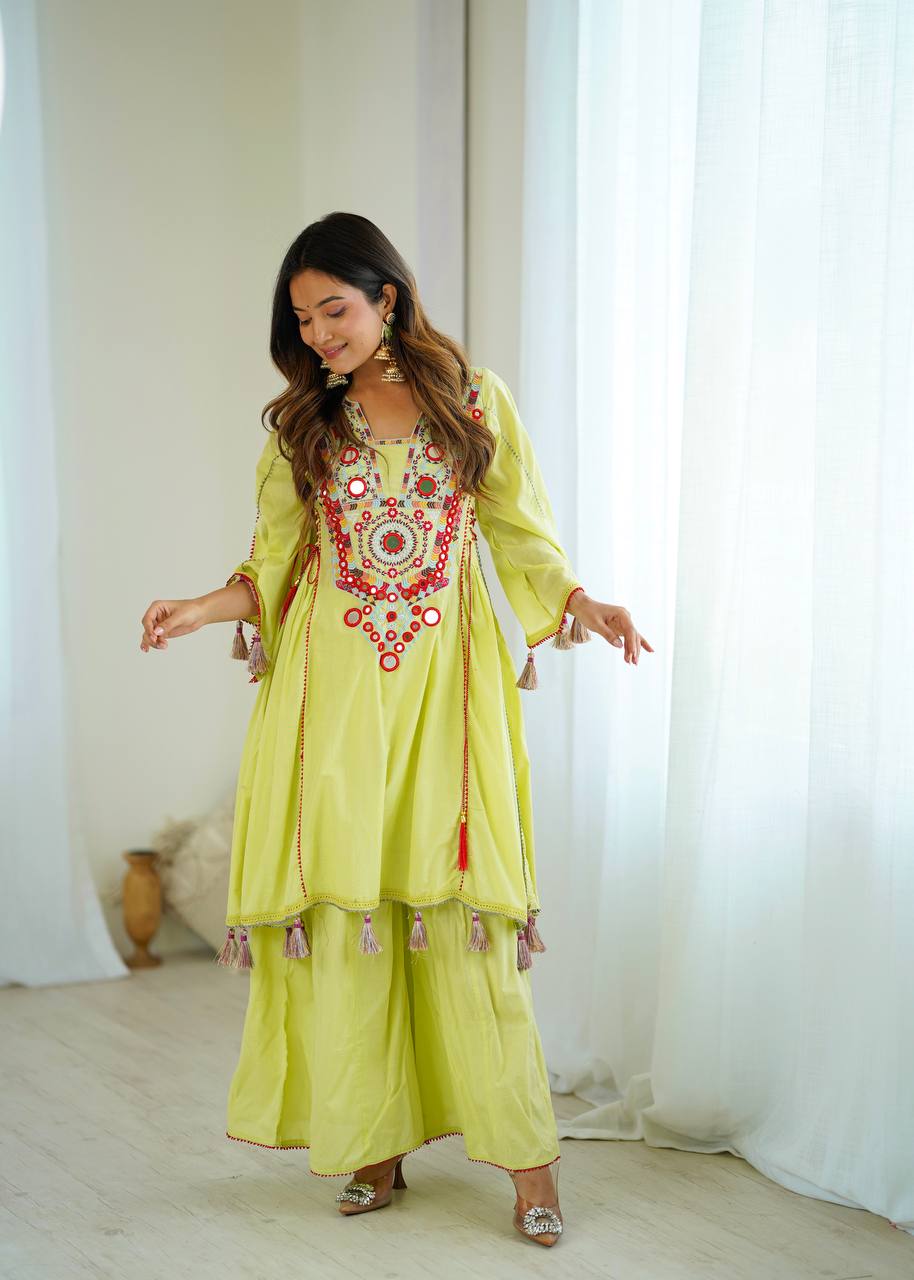 Designer Pure Khadi Cotton Kurta Palazzo Set with Mirror Embroidery