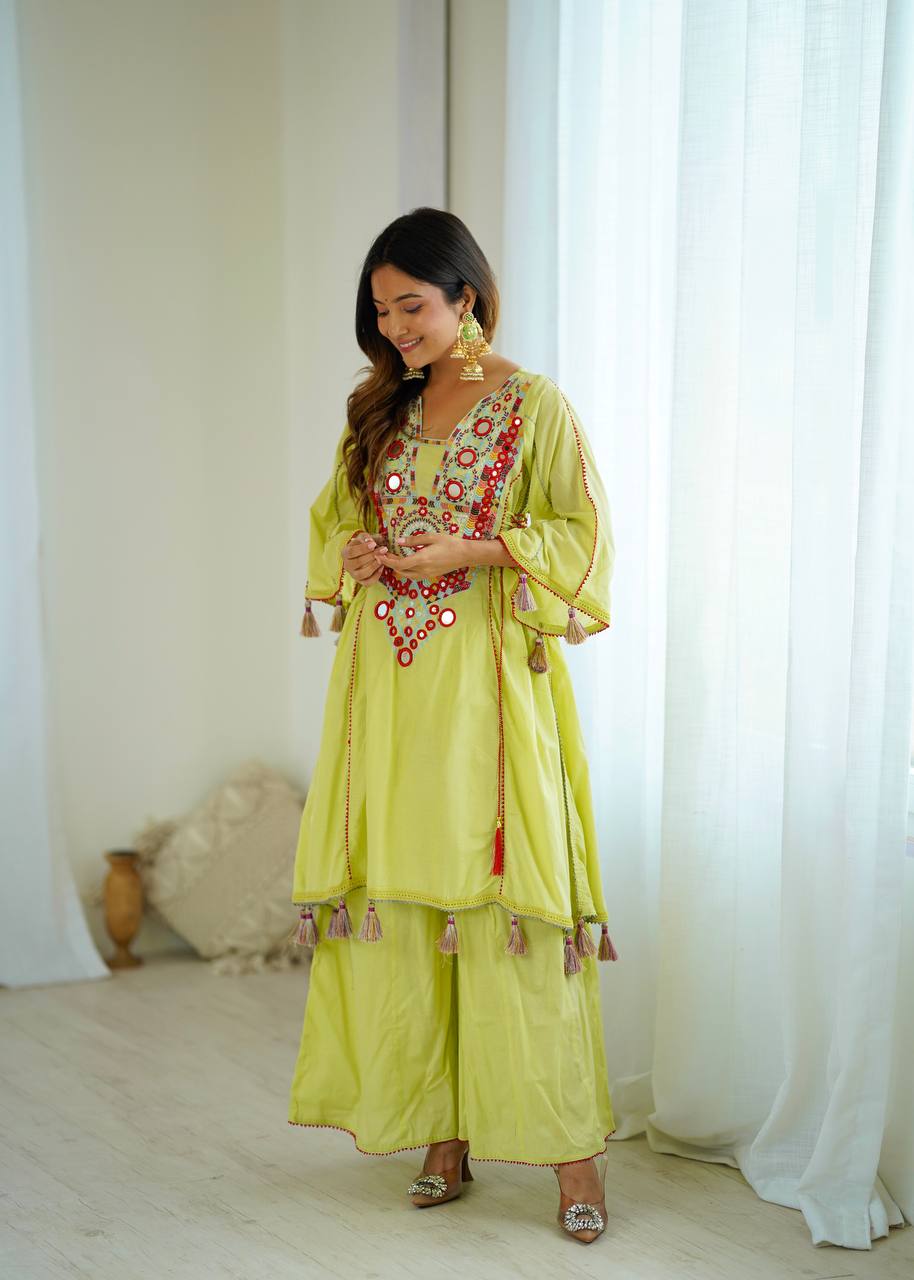 Designer Pure Khadi Cotton Kurta Palazzo Set with Mirror Embroidery
