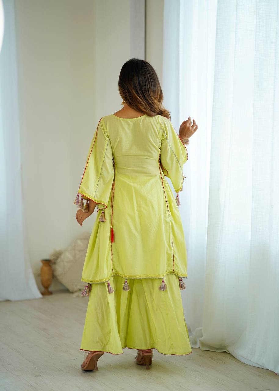 Designer Pure Khadi Cotton Kurta Palazzo Set with Mirror Embroidery