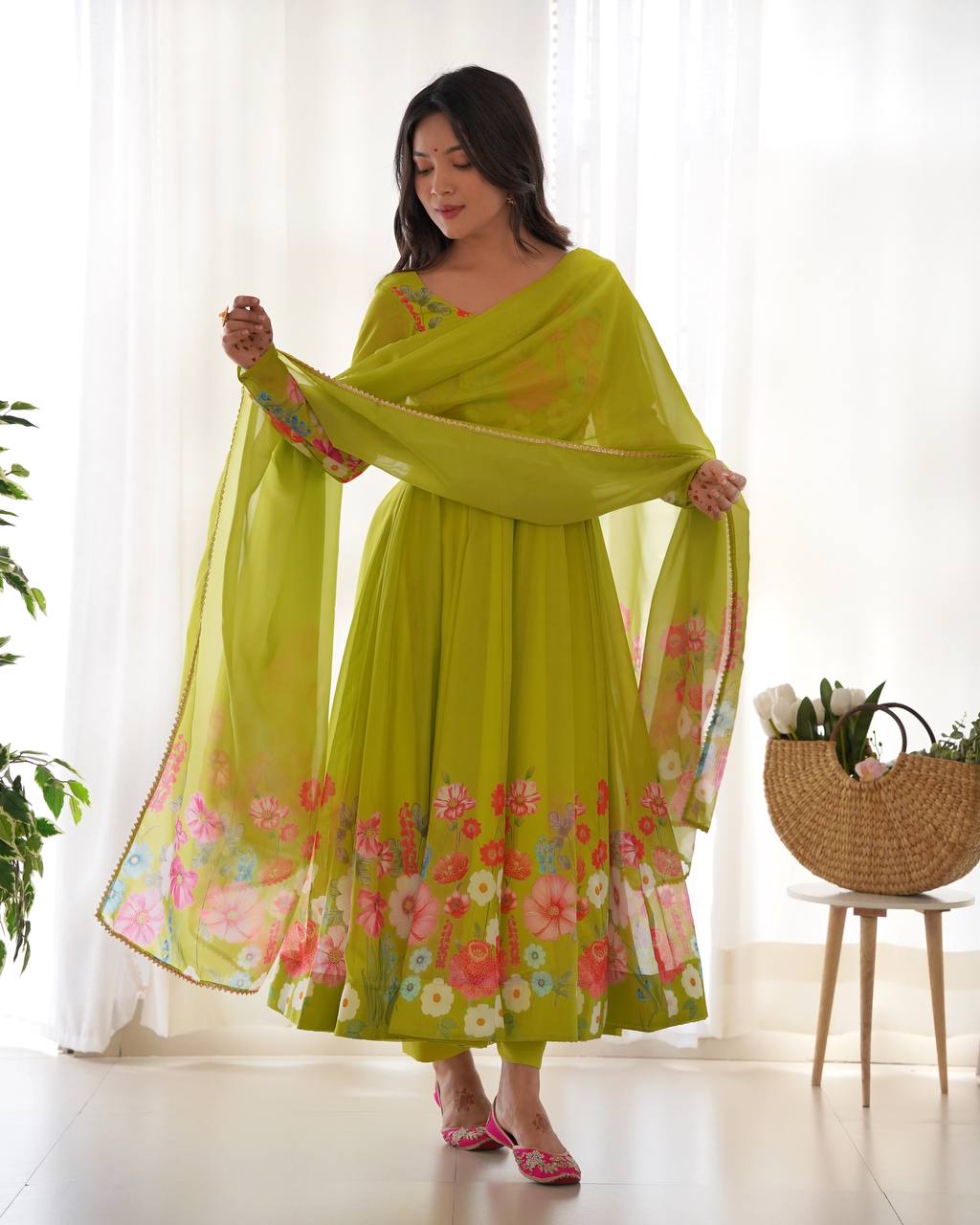 Green Color Organza Silk Anarkali Suit