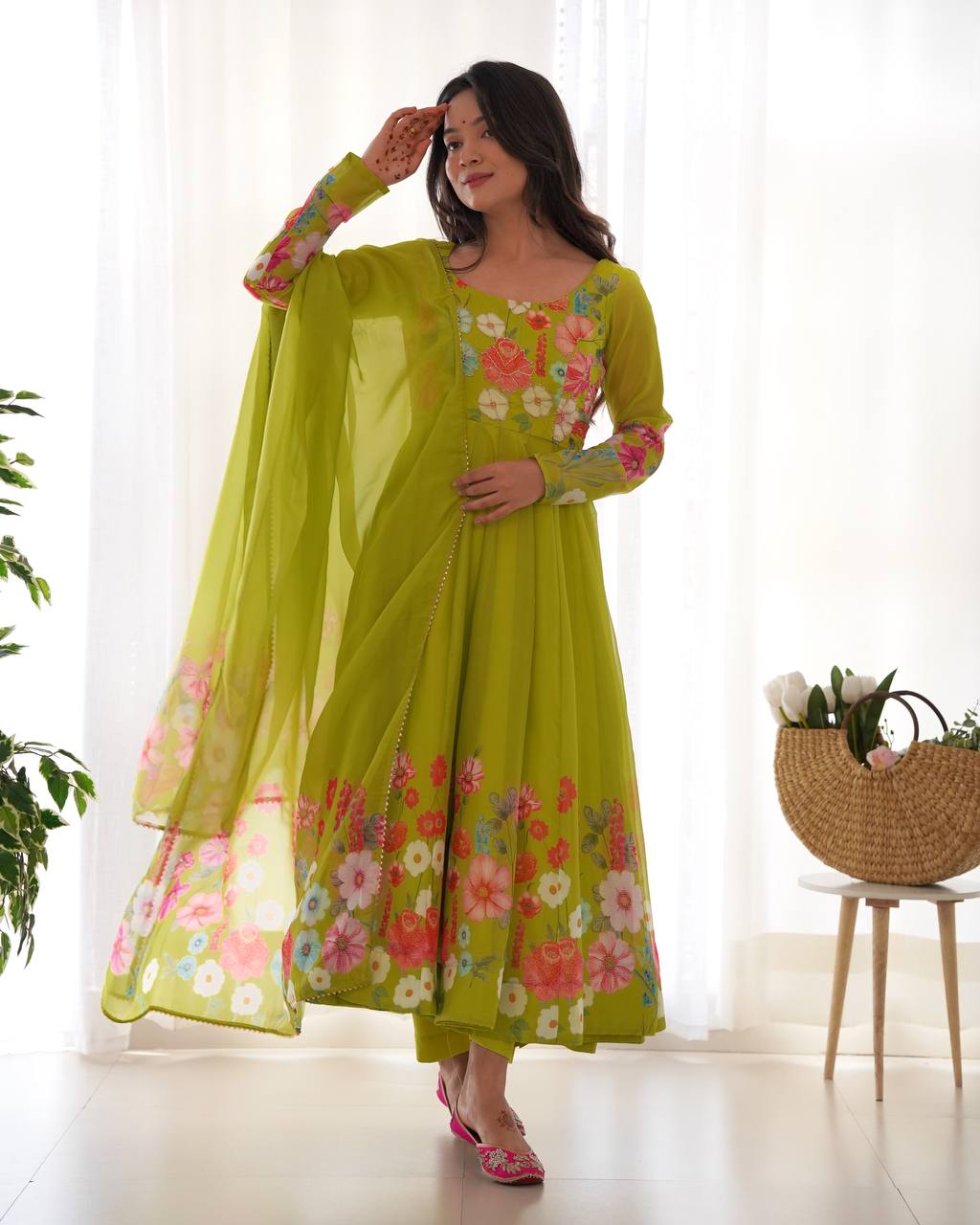 Green Color Organza Silk Anarkali Suit