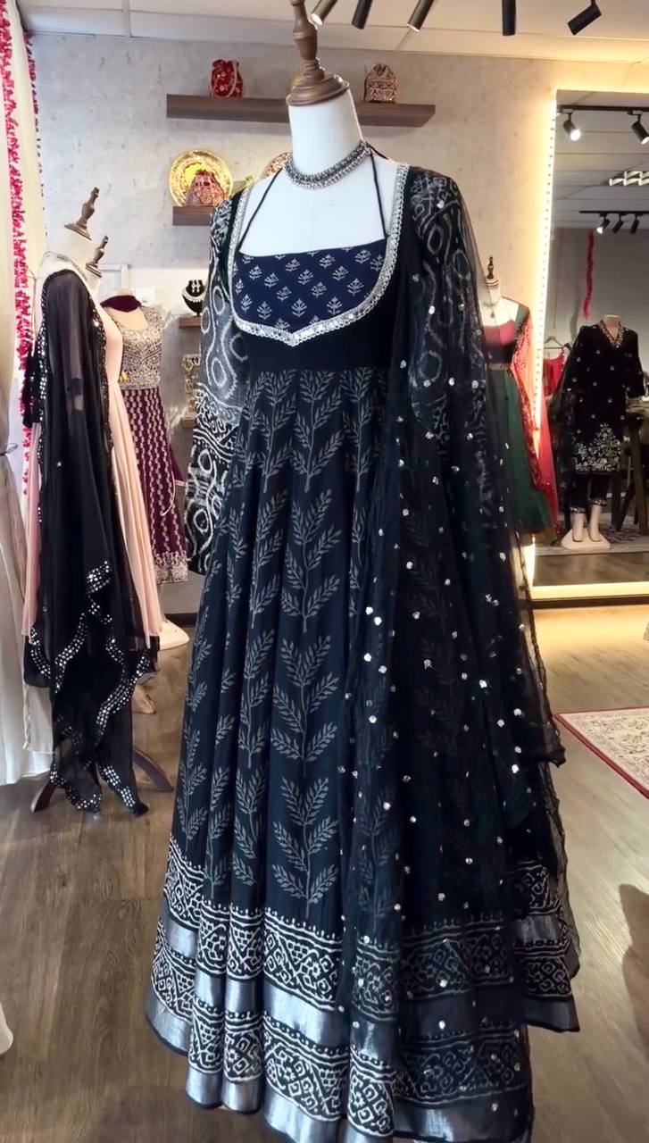 Classic Neavy Blue Block Print Muslin Cotton Anarkali Set