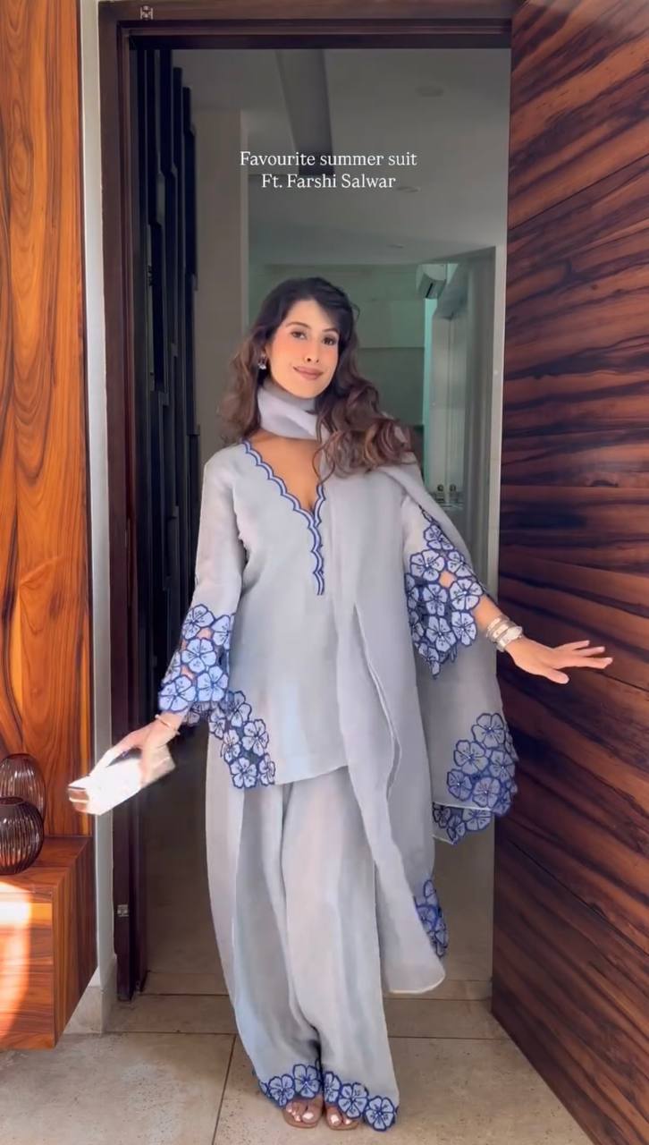 Pure Natural Crepe Top & Farshi Palazzo With Dupatta