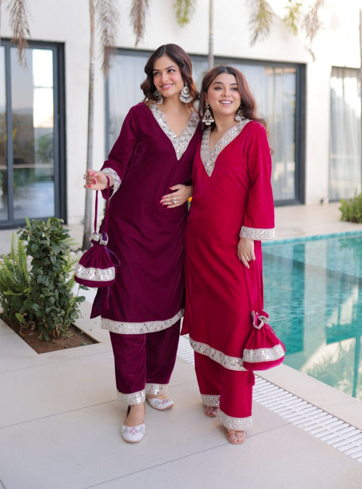 Premium Velvet Zari Mirror Work Top Pant Set with Potli Bag(Batwa)