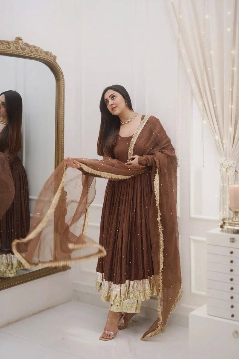 Brown Color Heavy Faux Georgette with delicate Moti Work & Full Sleeves Anarkali Set