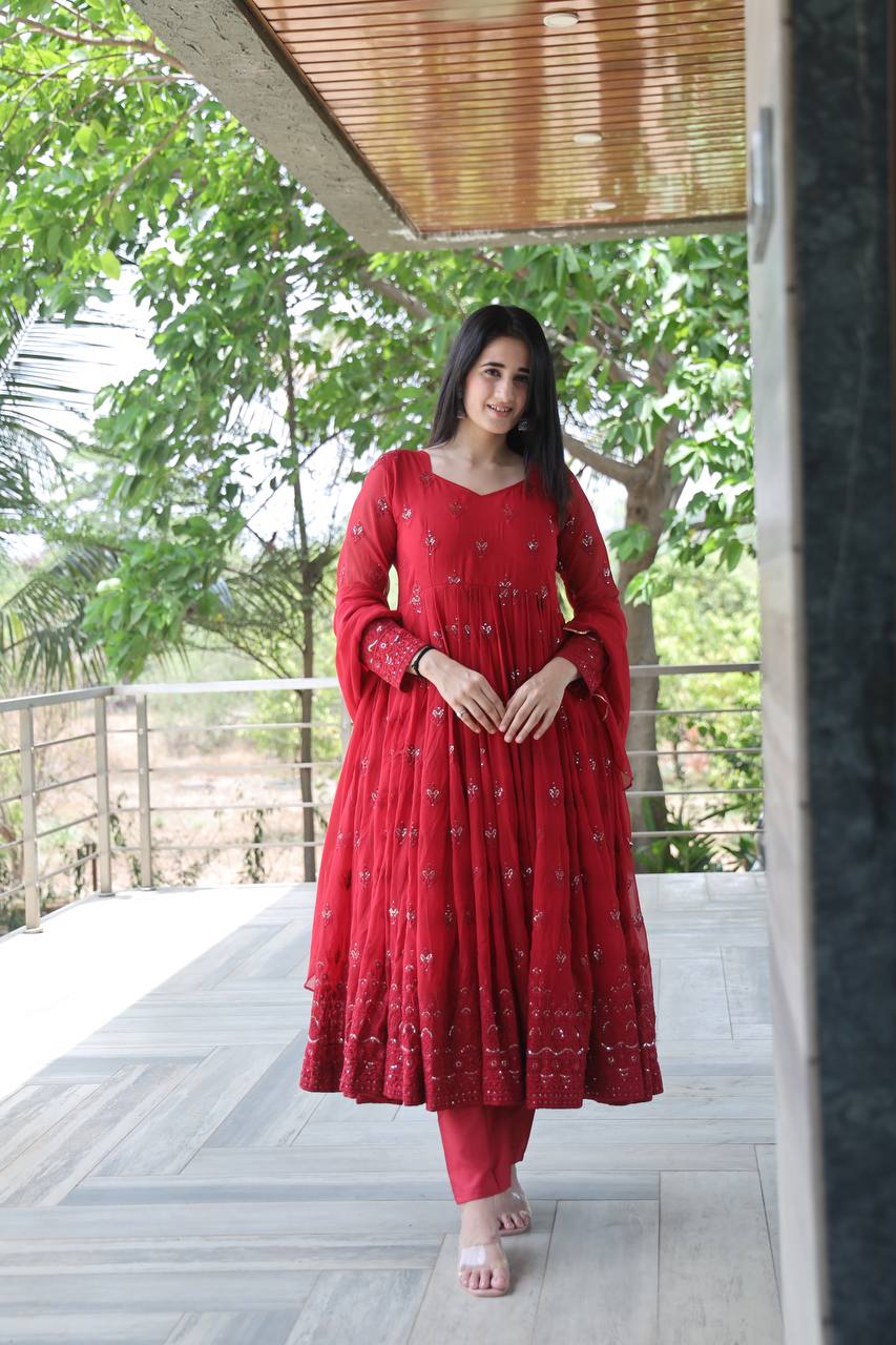 Red  Anarkali Suit Set