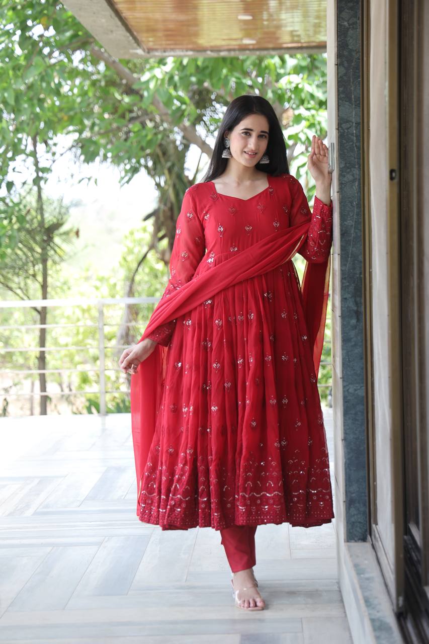 Red  Anarkali Suit Set