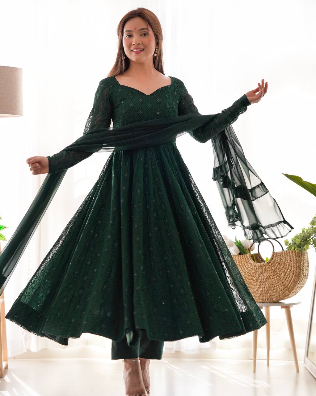 Green Color Premium Lucknowi Sequin Work Anarkali Set