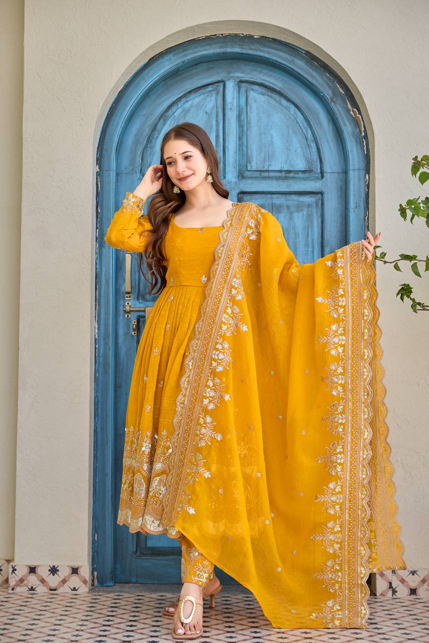 Yellow Anarkali Suit Set with Embroidered Dupatta