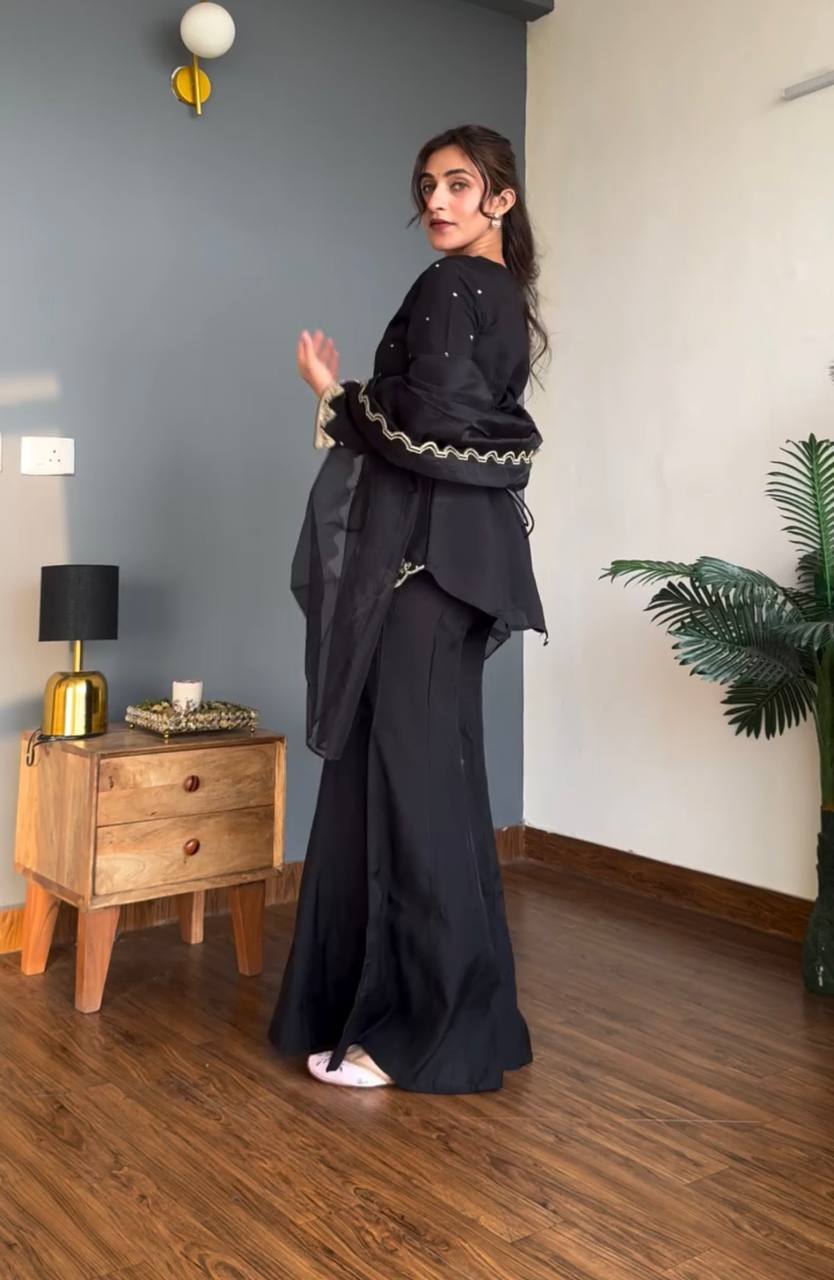 Heavy Embroidered Crepe Silk Top Sharara Plazzo Set with Organza Dupatta